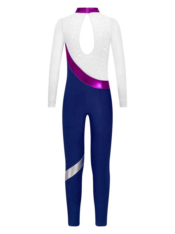 Kids Girls Long Sleeve Metallic Rhinestones Jumpsuit for Gymnastics Skating thumb