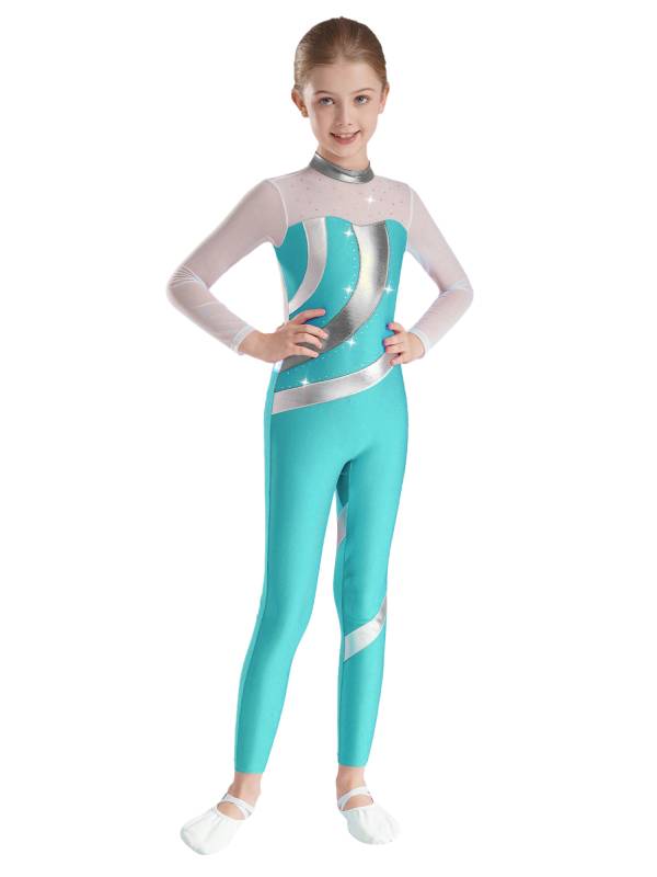 Kids Girls Long Sleeve Metallic Rhinestones Jumpsuit for Gymnastics Skating thumb