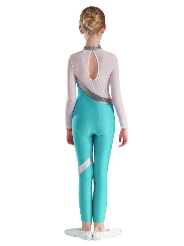 Kids Girls Long Sleeve Metallic Rhinestones Jumpsuit for Gymnastics Skating thumb