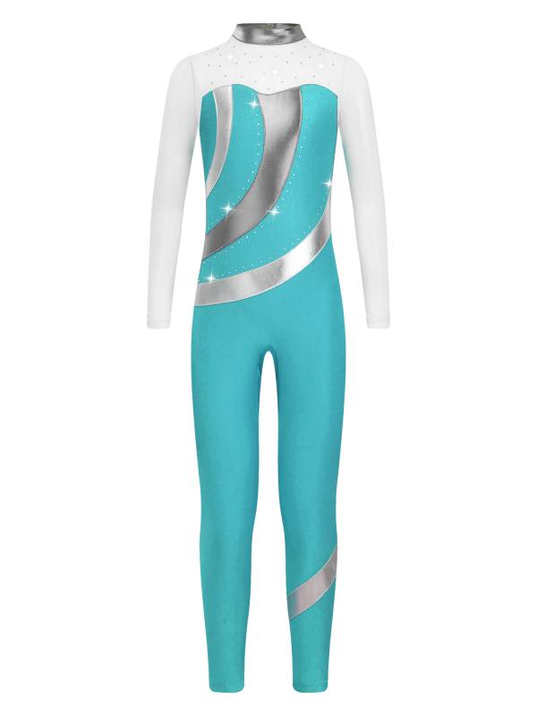 Kids Girls Long Sleeve Metallic Rhinestones Jumpsuit for Gymnastics Skating thumb
