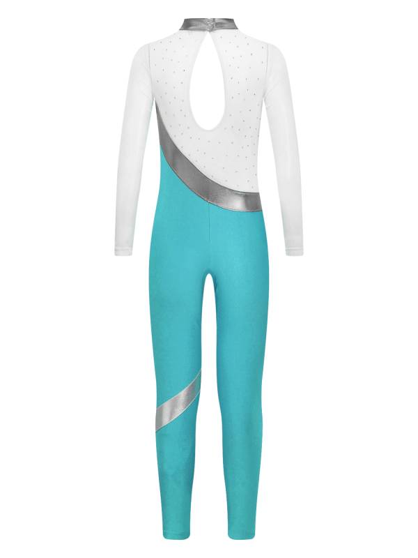 Kids Girls Long Sleeve Metallic Rhinestones Jumpsuit for Gymnastics Skating thumb