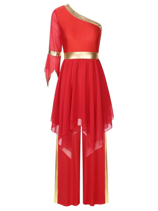 Women One Shoulder Flared Sleeve Dress and Pants Liturgical Praise Dance Set thumb