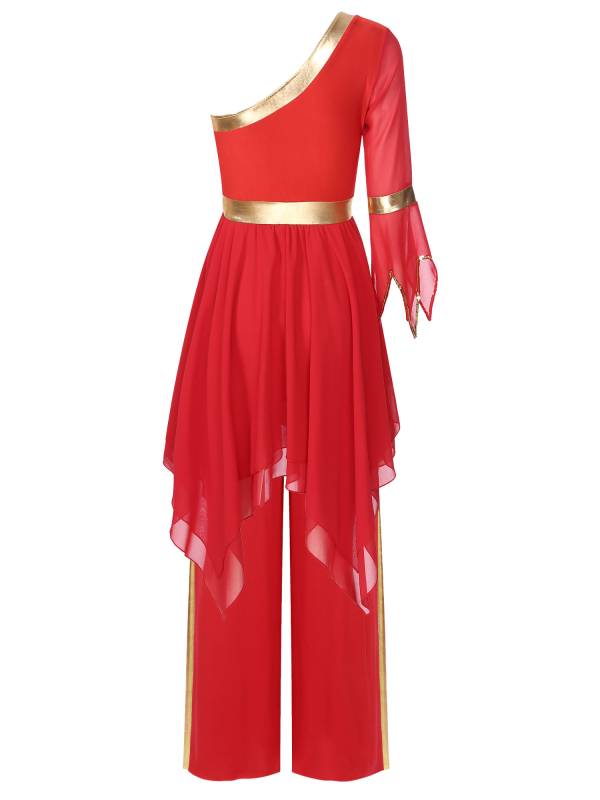 Women One Shoulder Flared Sleeve Dress and Pants Liturgical Praise Dance Set thumb