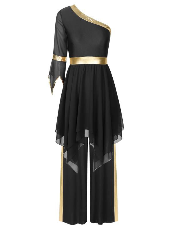Women One Shoulder Flared Sleeve Dress and Pants Liturgical Praise Dance Set thumb