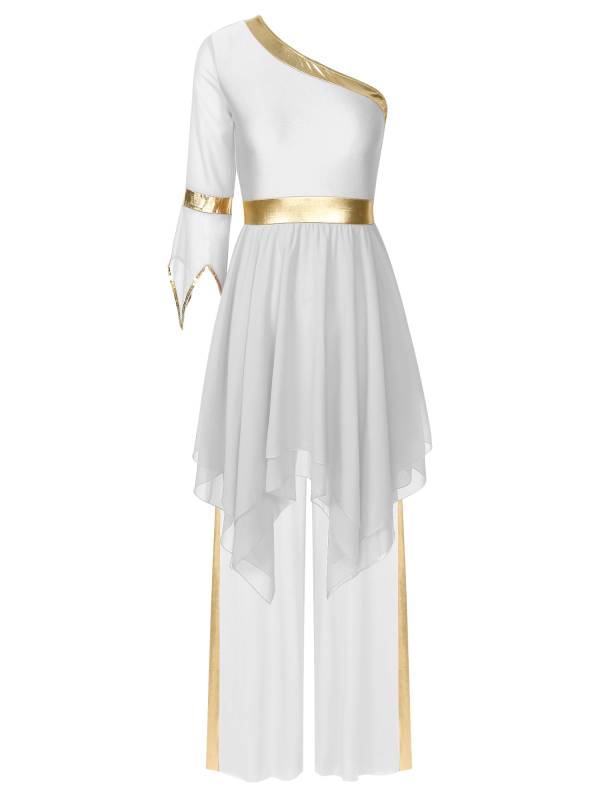 Women One Shoulder Flared Sleeve Dress and Pants Liturgical Praise Dance Set thumb