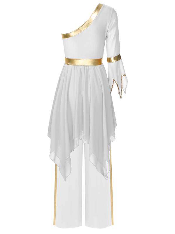 Women One Shoulder Flared Sleeve Dress and Pants Liturgical Praise Dance Set thumb