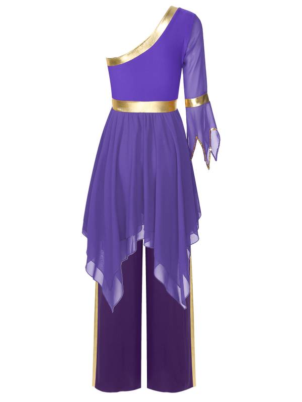 Women One Shoulder Flared Sleeve Dress and Pants Liturgical Praise Dance Set thumb