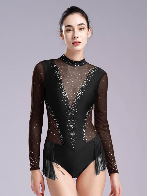 Women Long Sleeve Glittery Rhinestones Tassel Latin Skating Leotard thumb