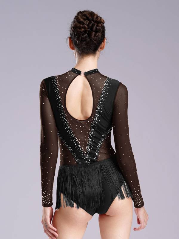 Women Long Sleeve Glittery Rhinestones Tassel Latin Skating Leotard thumb