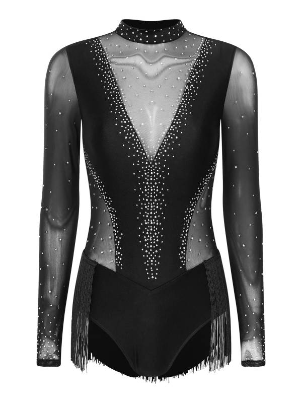 Women Long Sleeve Glittery Rhinestones Tassel Latin Skating Leotard thumb