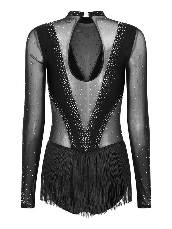 Women Long Sleeve Glittery Rhinestones Tassel Latin Skating Leotard thumb