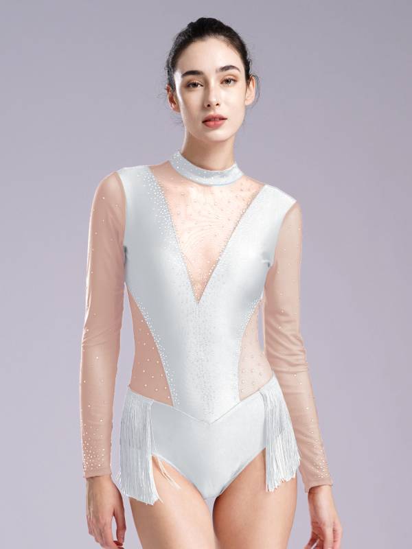 Women Long Sleeve Glittery Rhinestones Tassel Latin Skating Leotard thumb