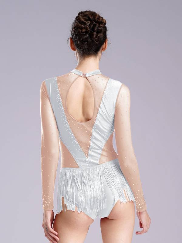 Women Long Sleeve Glittery Rhinestones Tassel Latin Skating Leotard thumb