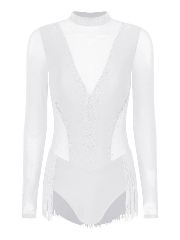 Women Long Sleeve Glittery Rhinestones Tassel Latin Skating Leotard thumb