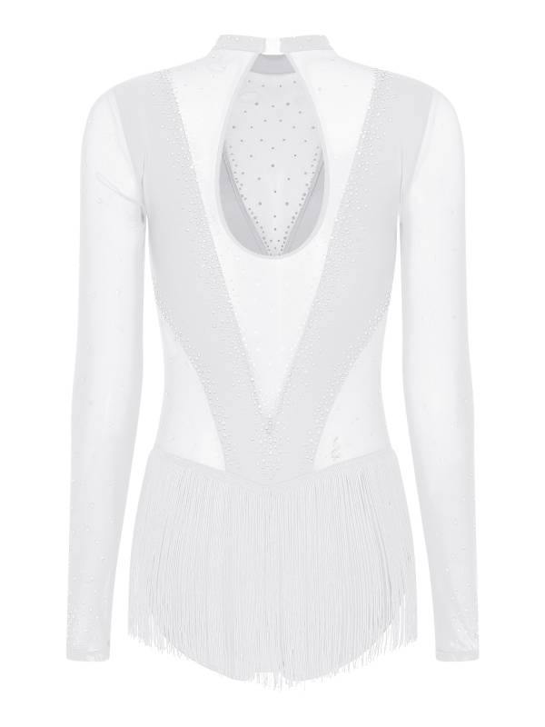 Women Long Sleeve Glittery Rhinestones Tassel Latin Skating Leotard thumb