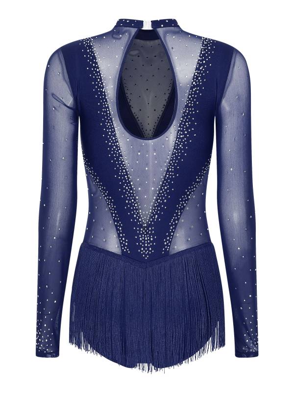 Women Long Sleeve Glittery Rhinestones Tassel Latin Skating Leotard thumb