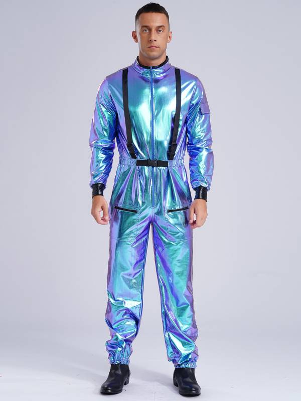 Men Mock Neck Long Sleeve Astronaut Costume Metallic Jumpsuits thumb