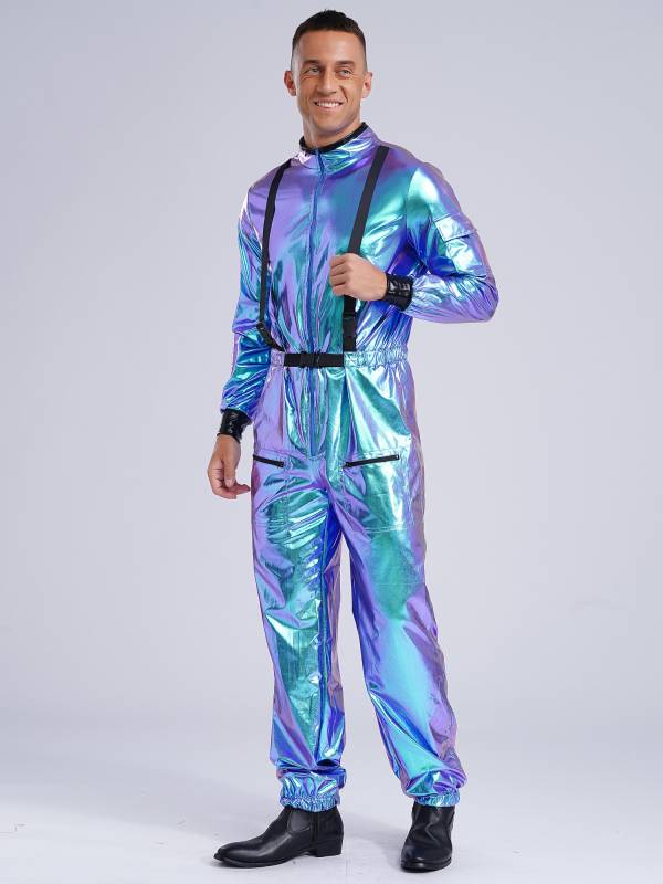 Men Mock Neck Long Sleeve Astronaut Costume Metallic Jumpsuits thumb