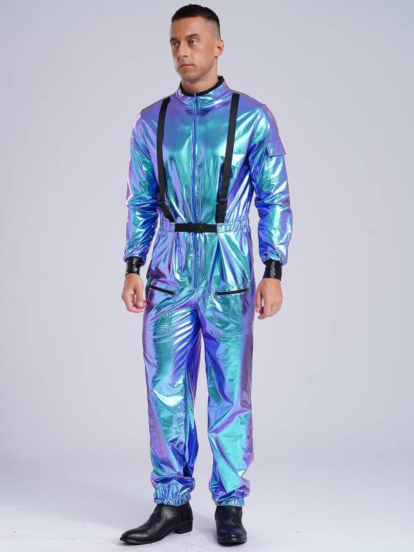 Men Mock Neck Long Sleeve Astronaut Costume Metallic Jumpsuits thumb