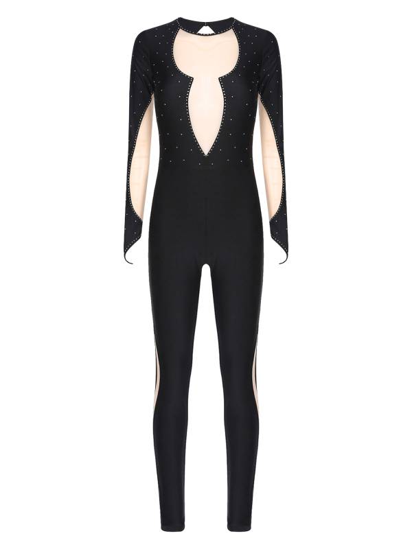 Women Long Sleeve Keyhole Back Rhinestones Decor Figure Skating Unitard thumb