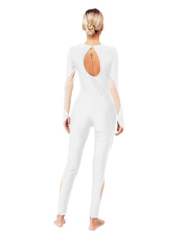 Women Long Sleeve Keyhole Back Rhinestones Decor Figure Skating Unitard thumb