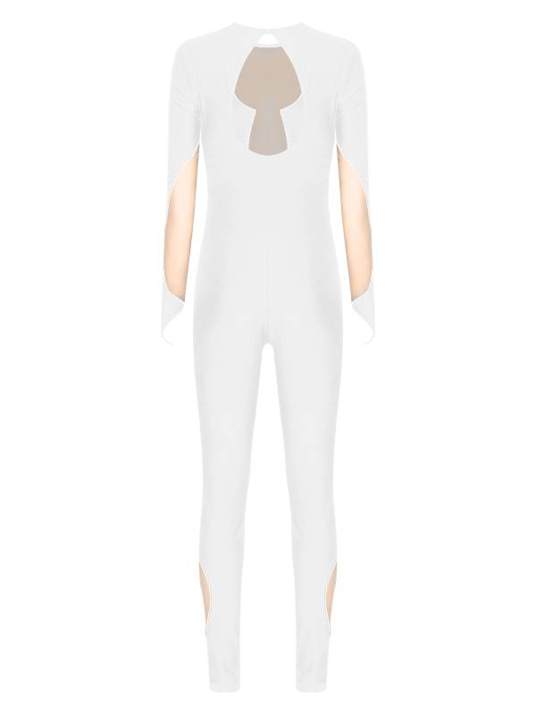 Women Long Sleeve Keyhole Back Rhinestones Decor Figure Skating Unitard thumb