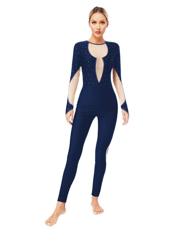 Women Long Sleeve Keyhole Back Rhinestones Decor Figure Skating Unitard thumb