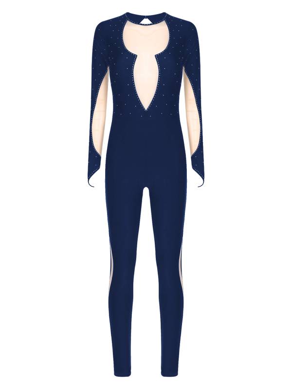Women Long Sleeve Keyhole Back Rhinestones Decor Figure Skating Unitard thumb