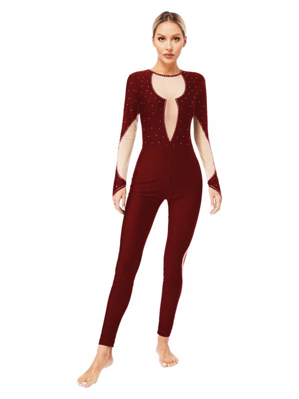 Women Long Sleeve Keyhole Back Rhinestones Decor Figure Skating Unitard thumb