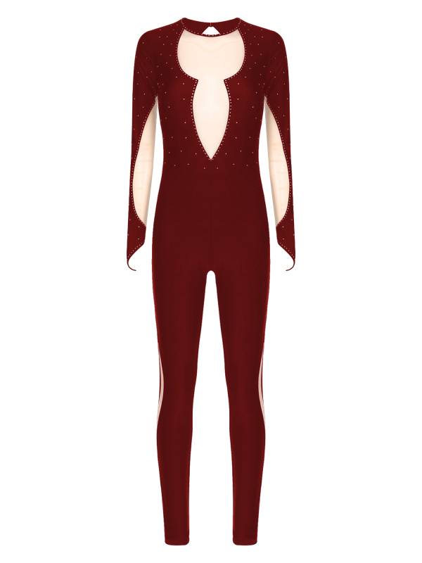 Women Long Sleeve Keyhole Back Rhinestones Decor Figure Skating Unitard thumb