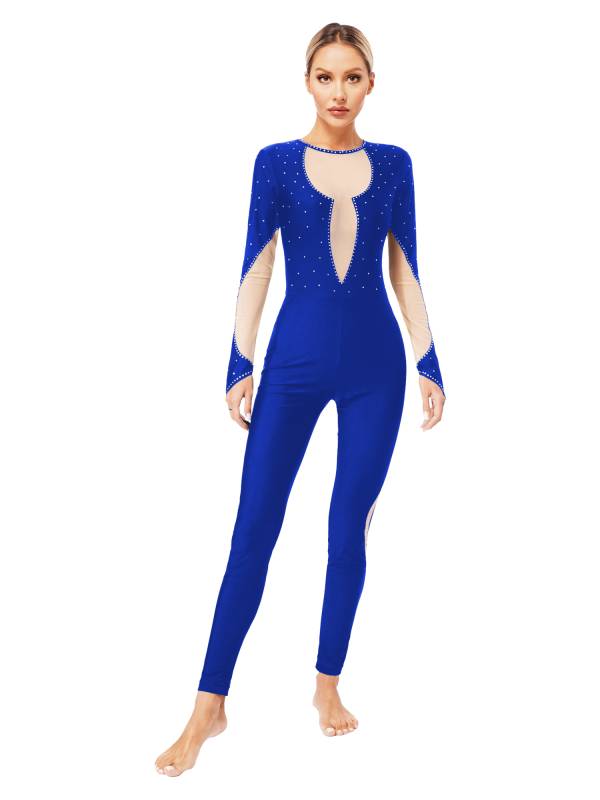 Women Long Sleeve Keyhole Back Rhinestones Decor Figure Skating Unitard thumb
