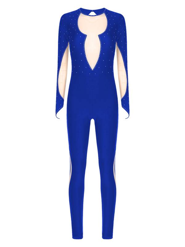 Women Long Sleeve Keyhole Back Rhinestones Decor Figure Skating Unitard thumb