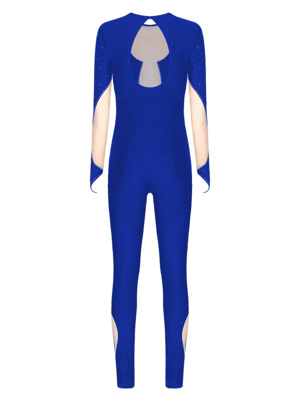 Women Long Sleeve Keyhole Back Rhinestones Decor Figure Skating Unitard thumb