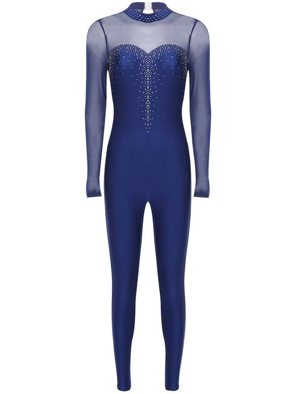 Women Long Sleeve Sparkle Rhinesontes Keyhole Back Figure Skating Unitard thumb