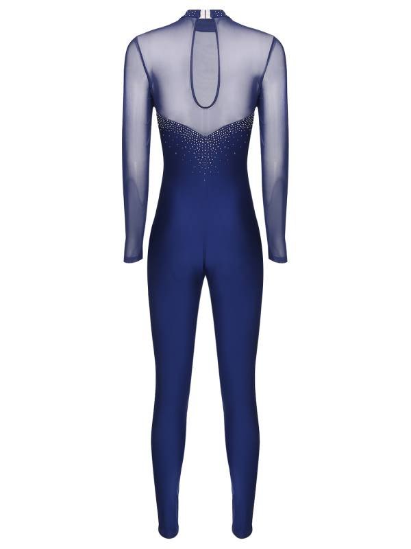 Women Long Sleeve Sparkle Rhinesontes Keyhole Back Figure Skating Unitard thumb