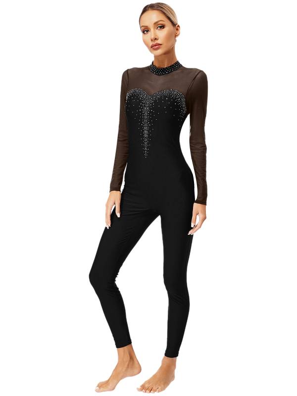 Women Long Sleeve Sparkle Rhinesontes Keyhole Back Figure Skating Unitard thumb