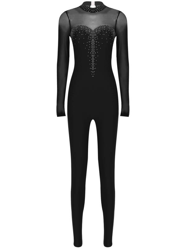 Women Long Sleeve Sparkle Rhinesontes Keyhole Back Figure Skating Unitard thumb