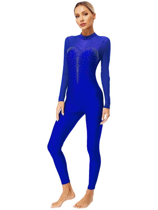 Women Long Sleeve Sparkle Rhinesontes Keyhole Back Figure Skating Unitard thumb