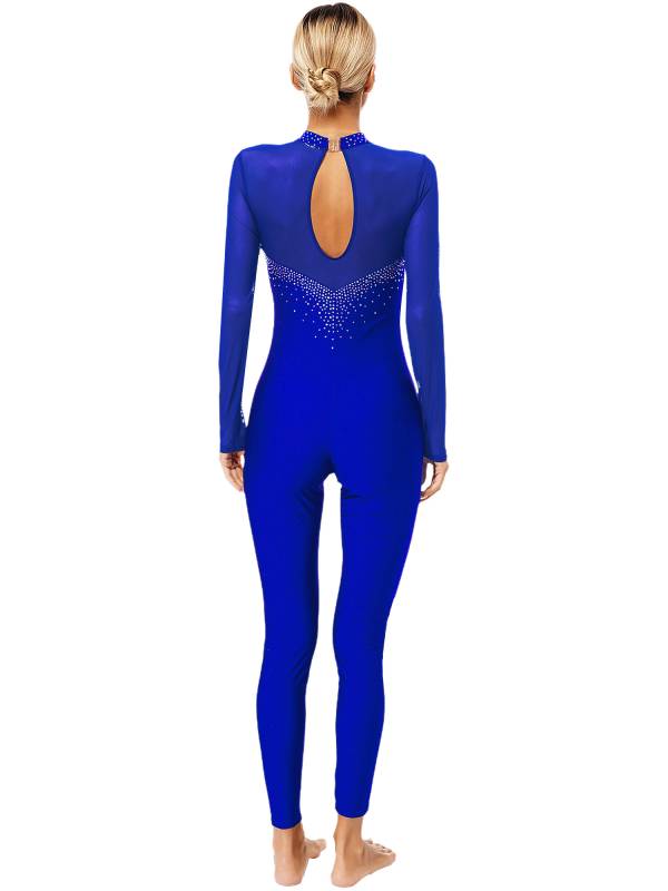 Women Long Sleeve Sparkle Rhinesontes Keyhole Back Figure Skating Unitard thumb