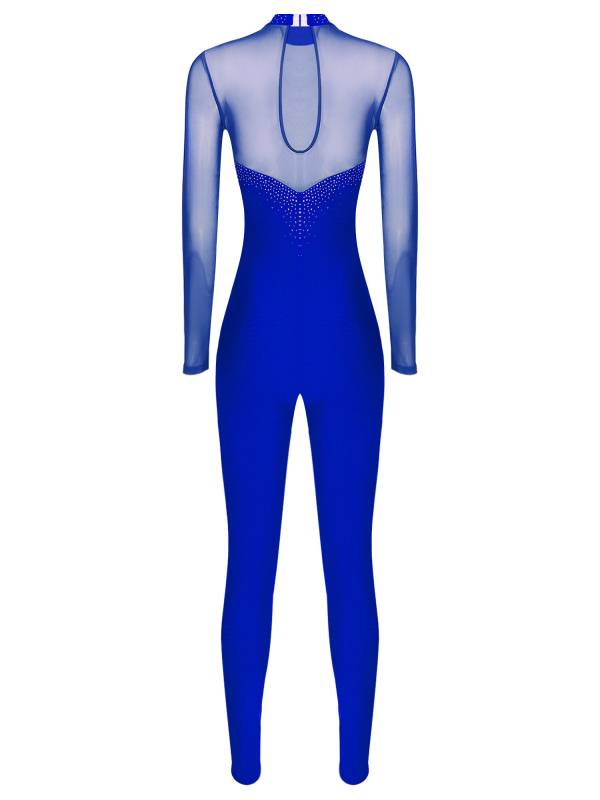 Women Long Sleeve Sparkle Rhinesontes Keyhole Back Figure Skating Unitard thumb