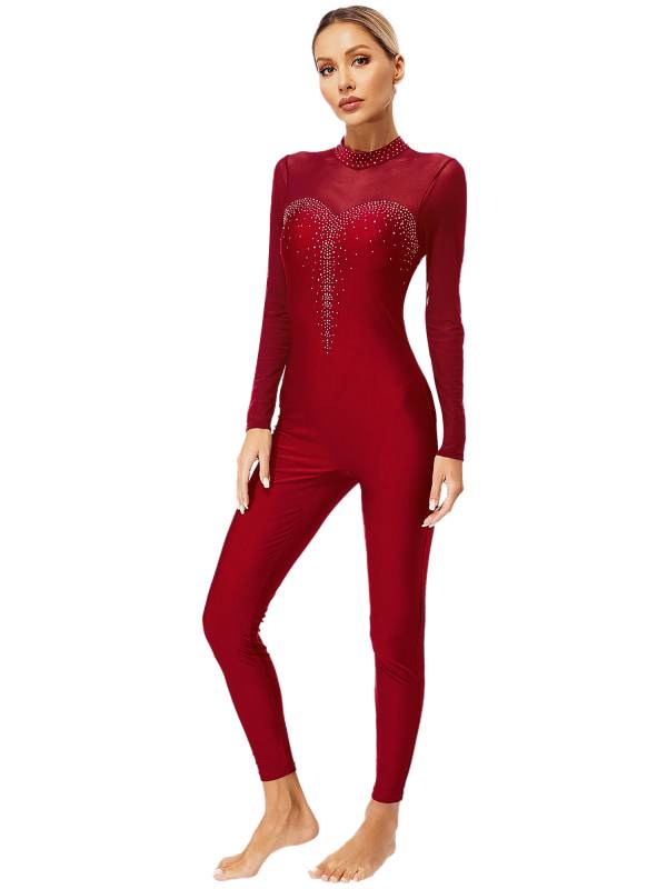 Women Long Sleeve Sparkle Rhinesontes Keyhole Back Figure Skating Unitard thumb