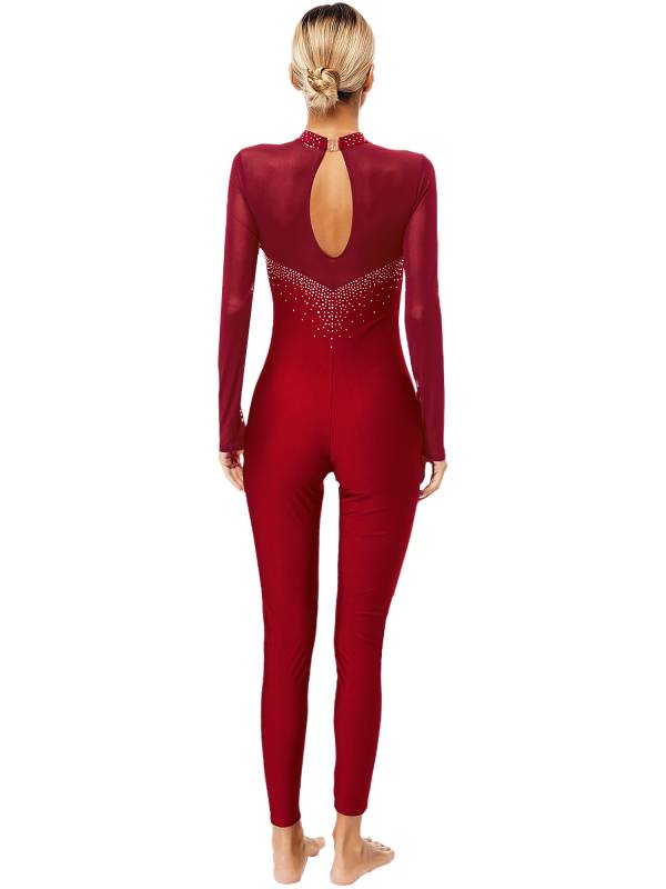 Women Long Sleeve Sparkle Rhinesontes Keyhole Back Figure Skating Unitard thumb