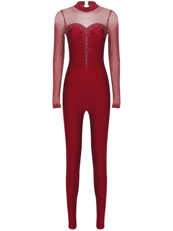 Women Long Sleeve Sparkle Rhinesontes Keyhole Back Figure Skating Unitard thumb