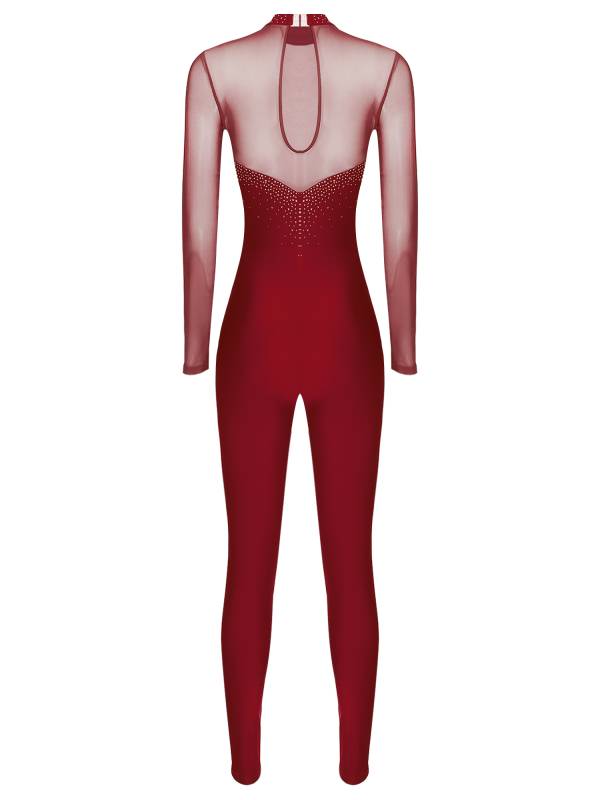 Women Long Sleeve Sparkle Rhinesontes Keyhole Back Figure Skating Unitard thumb