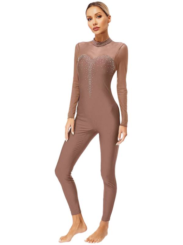 Women Long Sleeve Sparkle Rhinesontes Keyhole Back Figure Skating Unitard thumb
