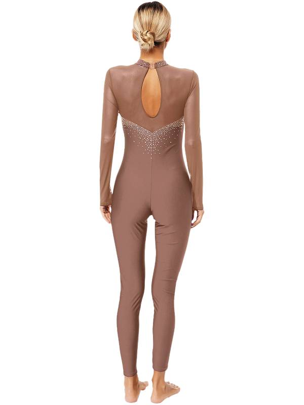 Women Long Sleeve Sparkle Rhinesontes Keyhole Back Figure Skating Unitard thumb