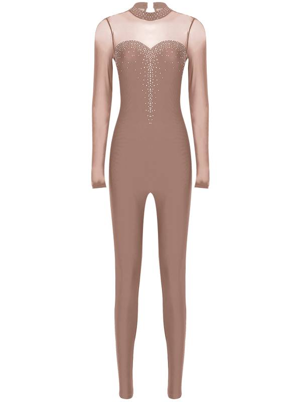 Women Long Sleeve Sparkle Rhinesontes Keyhole Back Figure Skating Unitard thumb