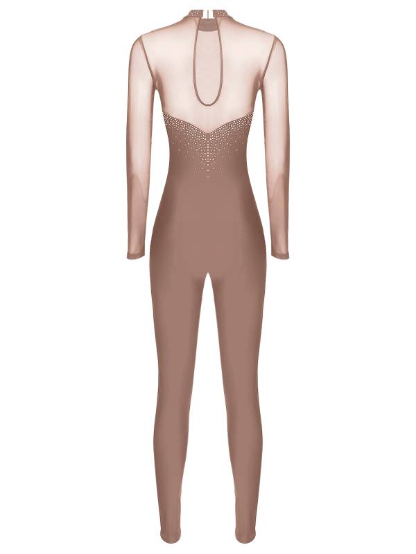 Women Long Sleeve Sparkle Rhinesontes Keyhole Back Figure Skating Unitard thumb