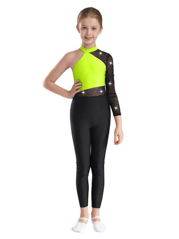 Kids Girls One Shoulder Long Sleeve Rhinestones Figure Skating Unitard thumb