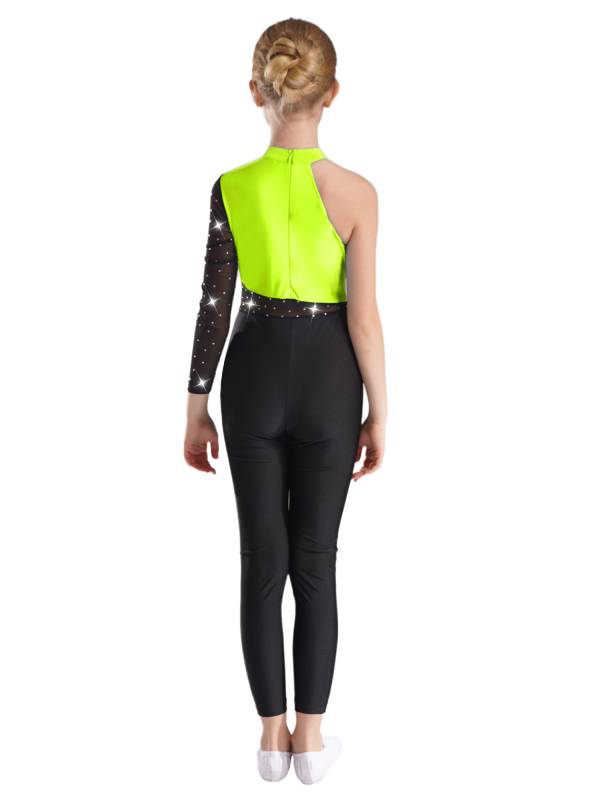 Kids Girls One Shoulder Long Sleeve Rhinestones Figure Skating Unitard thumb